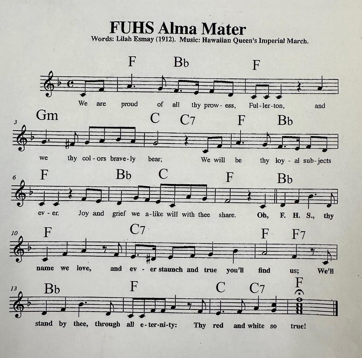 Words an music score of the FUHS Alma Mater